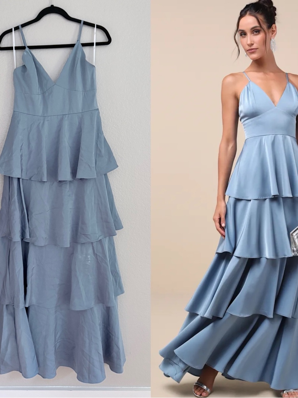 Lulus Going with Elegance Slate Blue Satin Tiered Gown